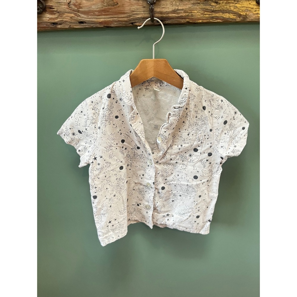 Rylee + Cru Kids Organic Cotton Celestial Star Moon Button Down Shirt Cream 6-7Y